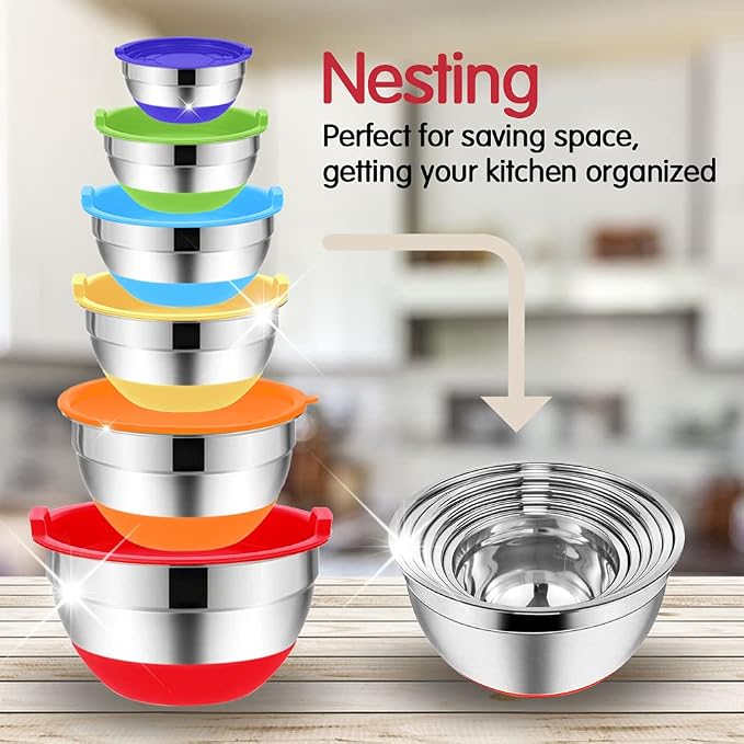Rottay 20PCS Stainless Steel Mixing Bowls with Airtight Lids Set | Includes 3 Grater Attachments and Non-Slip Bottoms with Size 7, 4, 3, 2, 1.5, 1QT Nesting Bowls for Baking, Meal Prep