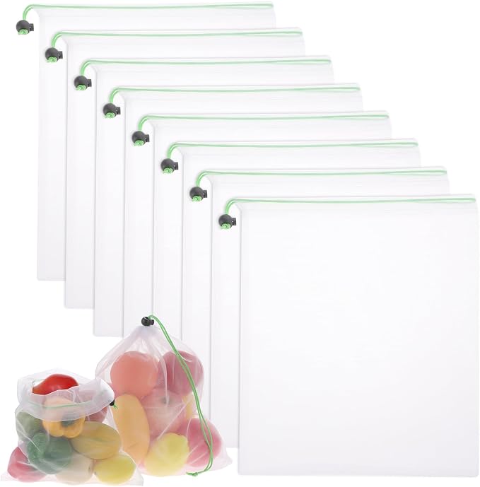 TIESOME 8PCS Reusable Produce Mesh Bags, Washable Vegetable Storage Bags | Grocery Storage Mesh Bags with Drawstring Transparent Toy Organizer Bags for Farmers Market Refrigerator Storage