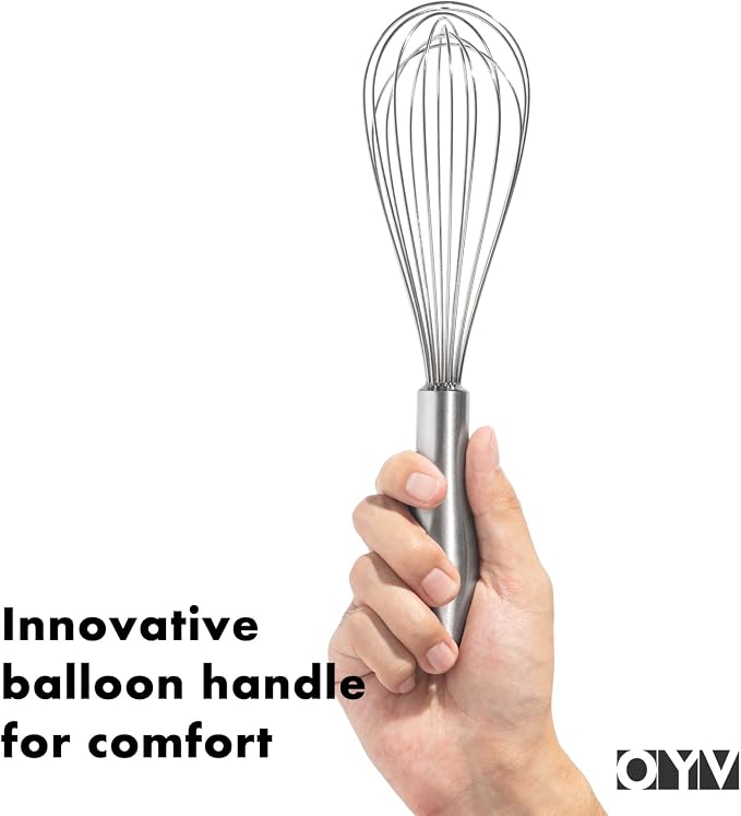 OYV 18/10 Stainless Steel Whisk, Ergonomic Handle, Dishwasher Safe Metal Whisk, Professional Wisk for Kitchen Cooking, Perfect for Blending, Whisking, Baking, and Beating, 10-Inch Wire Wisk
