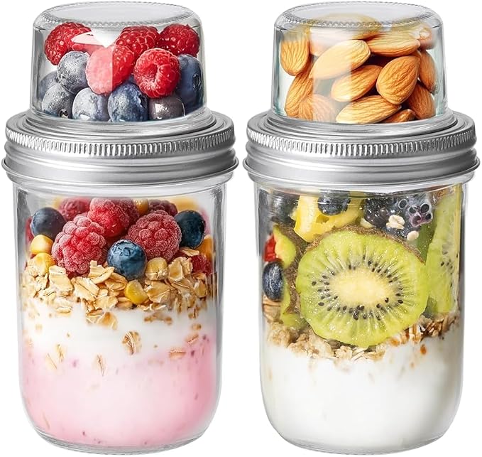 ComSaf Overnight Oats Containers with Lids, 16 oz Glass Mason Jars, 2 Pack | Dual-Layer Design, Yogurt Parfaits, Chia Pudding, Cereal, Fruit and Nuts, Reusable Breakfast Prep