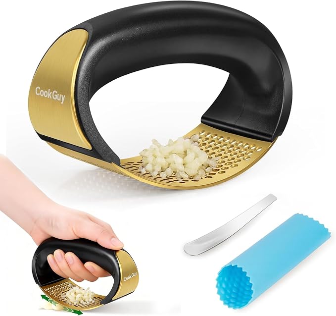 Cook Guy 304 Stainless Steel Garlic Press Rocker Set | Premium Garlic Mincer, Crusher, Peeler, and Scraper Tool for Effortless Mincing - Comfortable Grip Garlic Grinder (Gold)