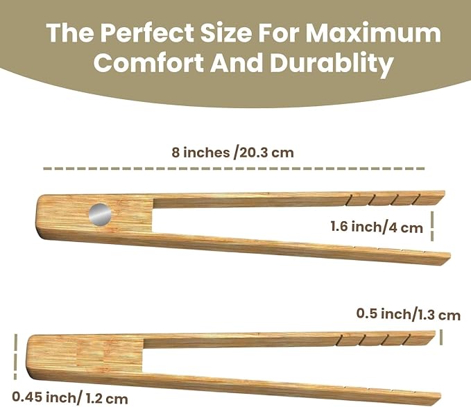 Toaster Tongs With Magnet | Bamboo Kitchen Utensils For Cooking & Holding Toast Bacon Muffin Bagel Bread | 8" Long Natural Toxic Free Magnetic | 2pcs Set