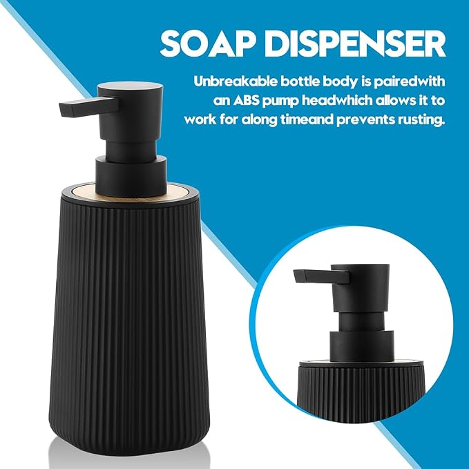 YAUKPH Small Soap Dispenser for Bathroom and Kitchen Bamboo Decor Black | Modern Farmhouse Striped Style Plastic Hand Soap Dish Soap Dispenser