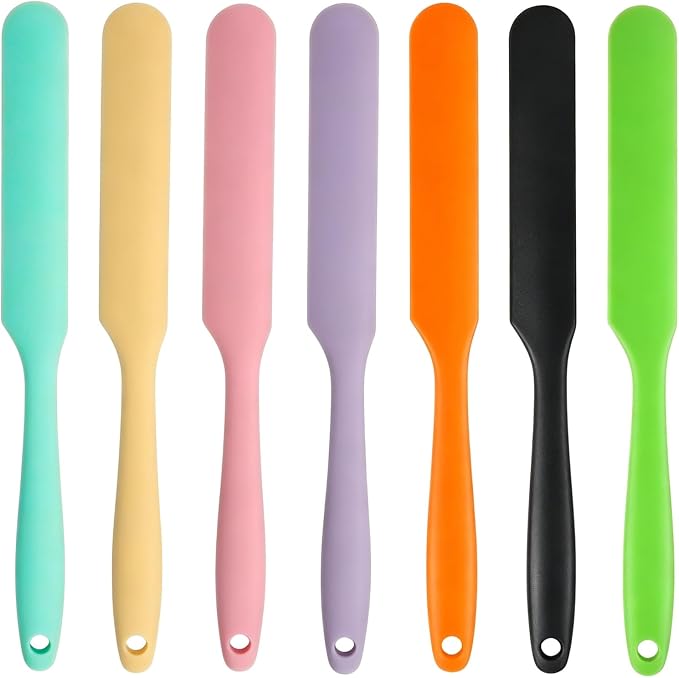7 Pcs Silicone Jar Spatula Set, Sourdough Spatula, Long Handle Thin Spatulas for Baking, Cake Icing, Butter Cream Spreading, Jam Scraping (Purple, Pink, Green, Yellow, Orange, Cyan, Black)