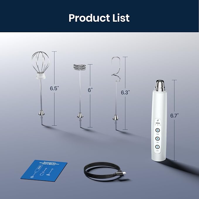 Milk Frother Wand Rechargeable Handheld Electric Whisk 3 Speed Adjustable | Coffee Frother Wand with 3 Stainless Whisks Electric Foam Maker Drink Mixer Blender for Latte Cappuccino Matcha Egg