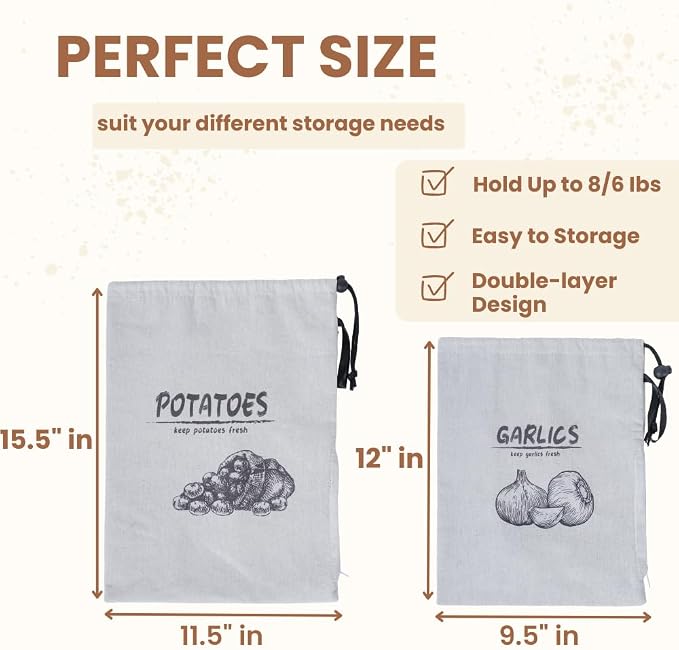 Potato Onion Garlic Storage Bag, Reusable Potato Onion and Storage Bag for Pantry, Vegetable Storage Bags with Drawstring Closure, 3 Packs (Potato Onion Garlic Bag)