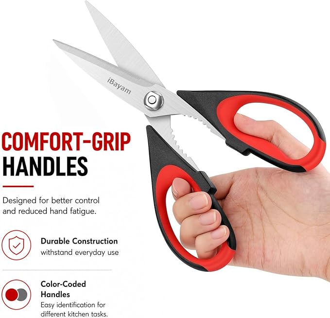 iBayam 3-Pack 8.7" Kitchen Scissors All Purpose Heavy Duty Shears w/Sheath | Soft Comfort Grip, Dishwasher Safe, Stainless Micro-Serrated Edge Blades, Cooking Poultry Herbs Meat Kitchen Utensils Gadgets