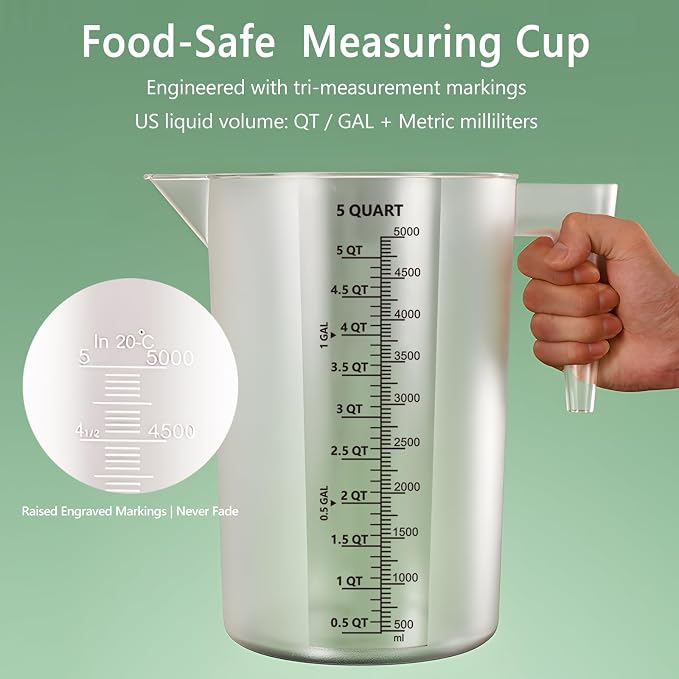 1 Gallon / 5 Quart / 5000 ml Large Plastic Measuring Pitcher with Handle, Clear Heavy Duty Mixing Pitcher with mL/QT/GAL Markings for Garden, Pool Chemicals, Motor Oil & Kitchen