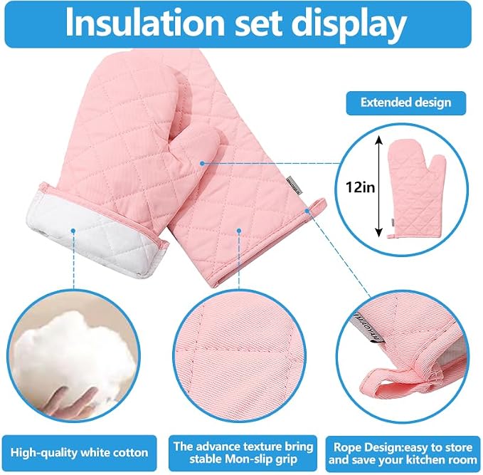 Oven Mitts and Pot Holders 4 pcs Set,High Heat Resistant 500 Degree Extra Thicken Long Kitchen Cotton Oven Glove for Cooking (12 Inch,Pink)…
