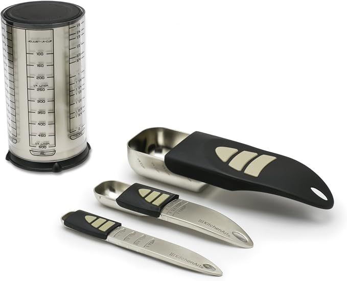 KitchenArt Baker’s Pro Adjust-A-Measure Set, 4-Piece, Satin | Adjustable Teaspoon, Tablespoon, 1/2 Cup Scoop & 2 Cup | All The Essentials For Baking & Cooking | Kitchen Gadgets & Gifts