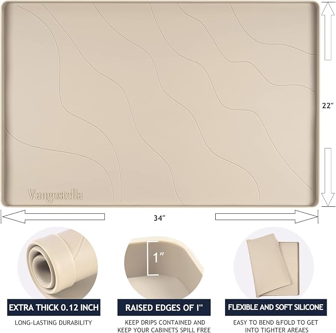 Heavy Duty Silicone Under Sink Mats for Kitchen Waterproof 37" x 22", Extra Thick Under Sink Rubber Mat Drip Tray, Raised Edge Under Sink Liner,Prevent Drips, Leaks, Spills,Beige