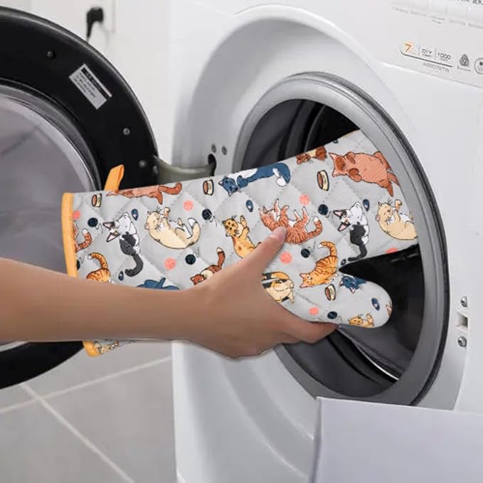 Oven Mitts Cotton Fashion Cute Cat Design 1pair | Heat Resistant Oven Gloves Safe Cooking Baking Grilling Barbecue Machine Washable Pot Holders (Cat)