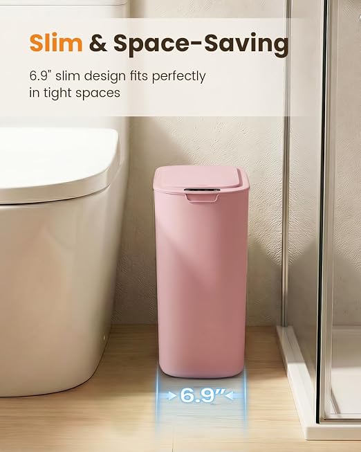 Cesun 5 Gallon Automatic Bathroom Trash Can with Lid, Pink, Touchless | Motion Sensor, Slim, Small Smart Garbage Bin, Plastic, Battery Operated, Manual Button, for Office/RV/Bedroom/Living Room