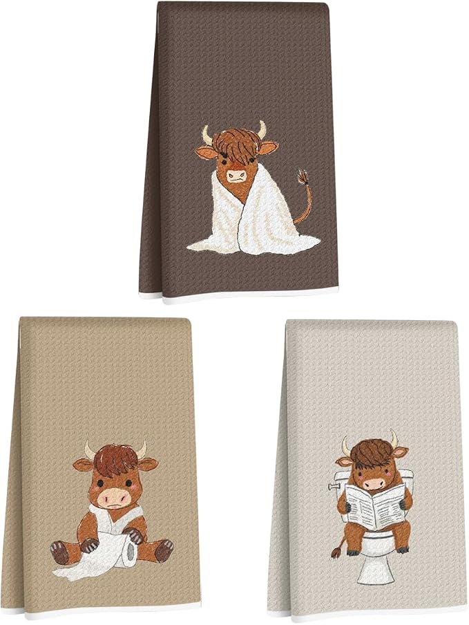 3 Pcs Funny Highland Cow Hand Towels, Cow Farmhouse Decorative Dish Towels | Waffle Dish Towels for Bathroom Kitchen Decor Country Farm Highland Holiday Housewarming Gifts
