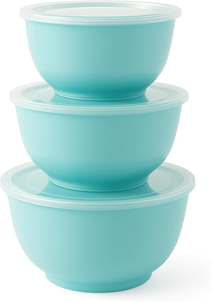 TP Melamine Mixing Bowl Set with Lids, Salad Bowl Set of 3, Glossy Teal | Nesting Design,Break-resistant,Pasta & Salad Prep, Baking Prep, Space-saving Storage, Freezer Safe, Dishwasher Safe