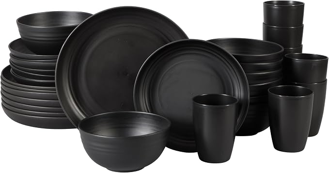 Gibson Home Plates and Bowls Set, 32 Piece Wheat Straw Dinnerware for 8 | Carmel Haze Collection - Dishes, Dishware, Matte Black, Tumblers, Unbreakable, Lightweight, Dishwasher Safe