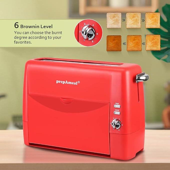 Long Slot Toaster 2 Slice Wide Slot Bread & Bagel Toaster (Red) | 1400W Slim Toaster, Red Toaster for for Waffles, Puff Pastry, Removable Crumb Tray, 6 Shade Settings, Bagel / Cancel