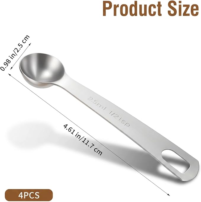 4 PCS 1/2 Teaspoon Scoop, 4.65 X 0.98 Inch Stainless Steel 1/2 Teaspoon Measuring Spoon, Short Handle Design Teaspoons Measuring Spoon for Precise Baking & Cooking, Heavy-Duty Kitchen Tools