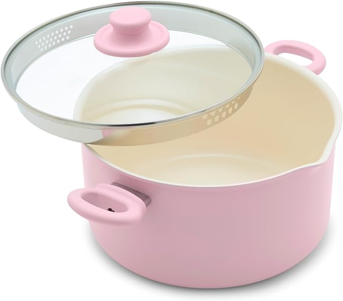 GreenLife 6QT Ceramic Nonstick Stockpot with Glass Straining Lid, Pink | PFAS-Free Ceramic Nonstick Coating, Large Cooking Pot, Soup Pan, Stay-Cool Handles, Dishwasher & Oven Safe up to 350F