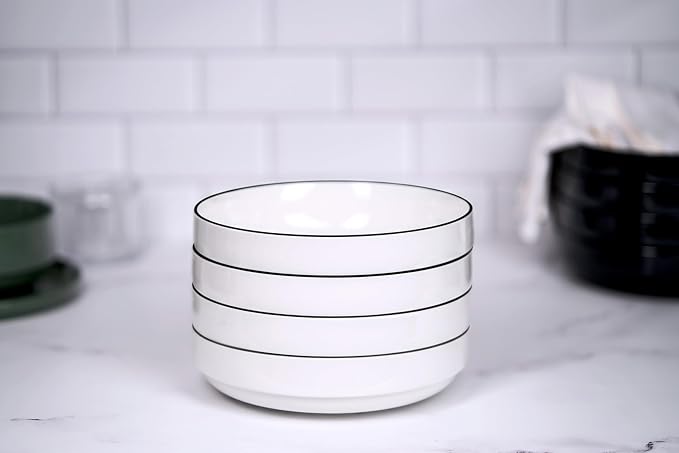 KooK Ceramic Large Pasta Bowls, Microwave and Dishwasher Safe, Great for Soups and Salads, Shallow Serving Bowls, Glossy Porcelain, 47 oz, Set of 4, French