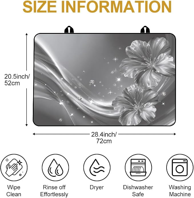 Silver Flower Stove Top Cover 28x20 Inch Decorative Glass Stove Cover | Heat Resistant Cooktop Protector Mat with Non-Slip Backing, Scratch Protection and Countertop Drying Mat.