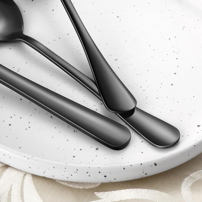 24-Piece Black Silverware Set with Steak Knives Black Stainless Steel Flatware Set for 4 Food Grade Tableware Cutlery Set Rust-proof, Mirror Polished, Dishwasher Safe