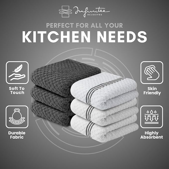 Infinitee Xclusives Kitchen Towels - 6 Pack - Cotton Dish Towel |15" x 25"| | 100% Cotton, Highly Absorbent Tea Towels - Lint Free, Soft, Durable & Quick Dry, Ideal for Drying Dishes & Kitchen Cleaning