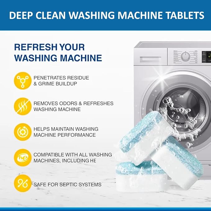 Citrus Washer Cleaner Tablets 12 Count – Septic Safe Washing Machine Cleaner & Odor Eliminator – Deep Cleaning Descaler for HE Front & Top Load Washers – Laundry Tub & Drum Cleaner