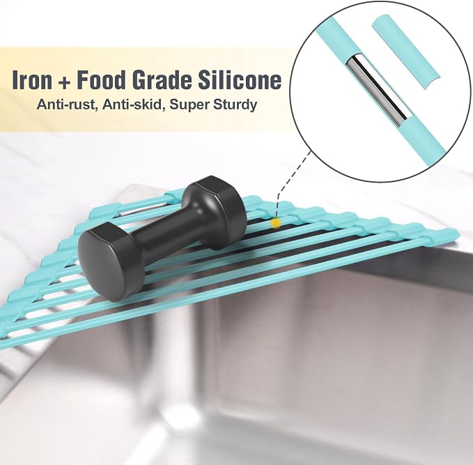 Tomorotec Roll Up Dish Drying Rack with Silicone Coating, Mint Green | 304 Stainless Steel with BPA-Free Silicone, Triangle Design Maximizes Sink Corner Space, Fits Compact Kitchens And RVs