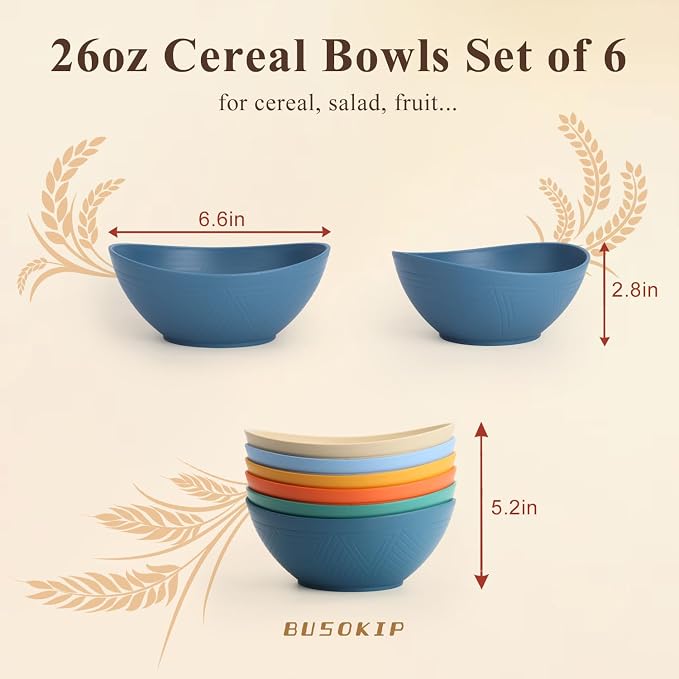 Wheat Straw Bowls 26oz, Unbreakable Ramen Bowl Set of 6, Oval Plastic Bowls for Salad, Pho, Cereal, Microwave & Dishwasher Safe Soup Bowl for Kitchen, Camping, RV, Party - Multi