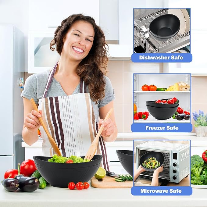 Big Wheat Straw Bowls,Large Salad Bowls Set of 2,Dishwasher and Microware Safe Plastic Bowls Reusable,Eating bowls for Cereal,Salad,Fruit,Snack. Black