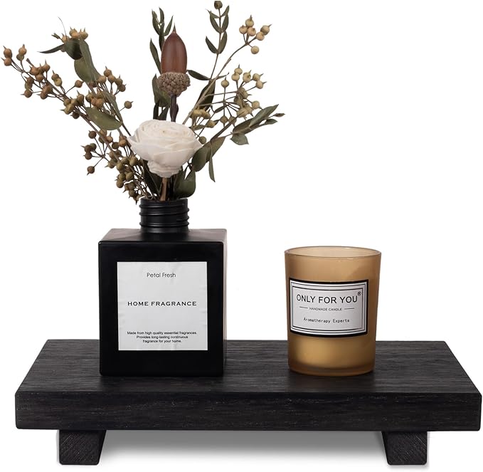Wood Bathroom Tray Farmhouse Decor Kitchen Soap Holder, 9"x6" Black | Waterproof, Lightweight, Easy Clean, Small Wooden Riser Pedestal Stand Accessories for Office Desk, Vanity, Counter, Sink