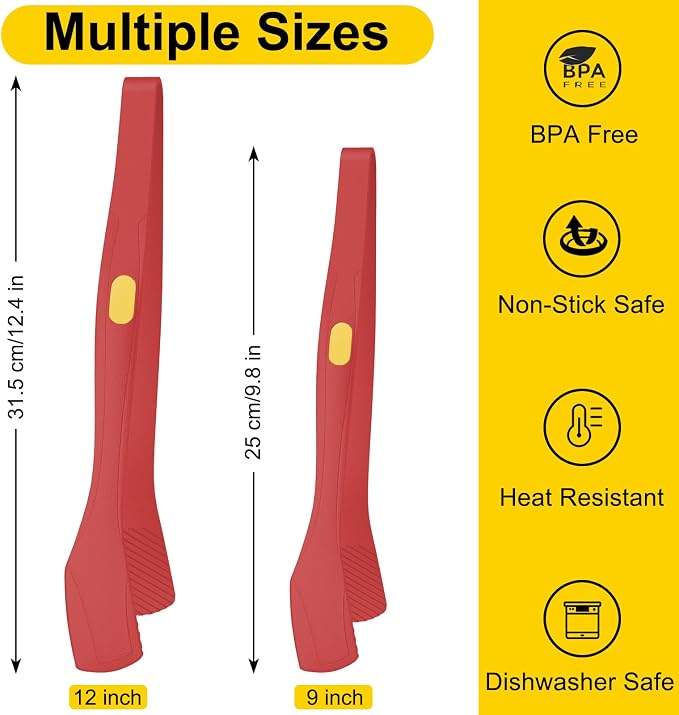 Beijiyi Silicone Kitchen Tongs for Cooking, 9" & 12", Heat Resistant (Red) | BPA-Free Silicone Tip, Non-Stick Safe, Stainless Steel Core, Food Tongs for Cooking, Serving and Grilling, Dishwasher Safe
