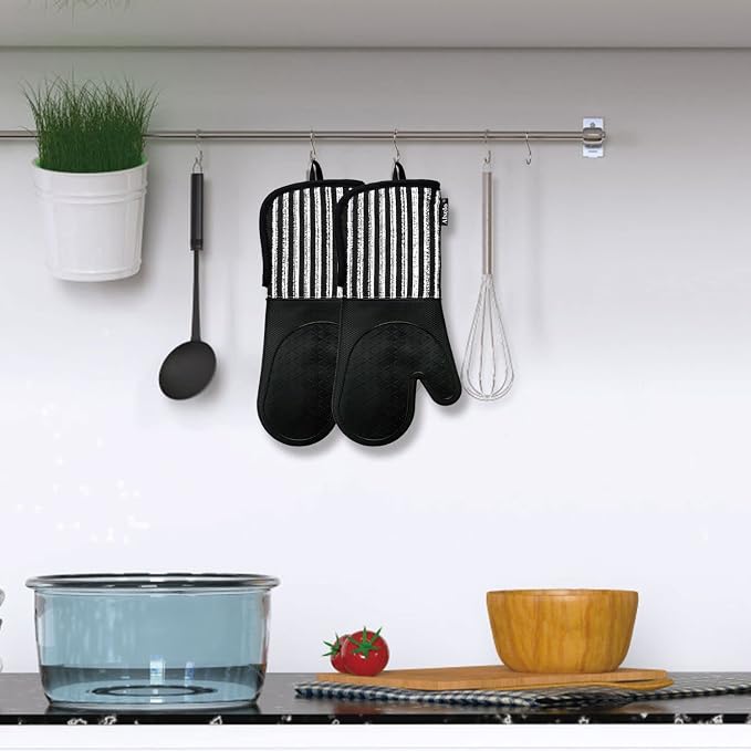 Alselo Silicone Oven Mitts Heat Resistant 932℉ with Waterproof & Non-Slip | Kitchen Mittens Set of 2,Extra Long 7.5"x15" Oven Gloves with Soft Cotton Terry Lining for Baking Cooking BBQ(Black,2)