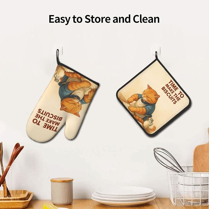 Cute Cat Oven Mitts and Pot Holder Set, Funny Heat Resistant Kitchen Gloves Hot Pad, Cooking Baking Lovers Spring Easter Gifts for Women, Whimsical Kitchen Decor & Gifts for Chef Cooks Cat Lovers Mom