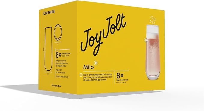 JoyJolt Milo Stemless Champagne Flutes Set of 8 Crystal Glasses. 9.5oz Prosecco Wine Flute, Mimosa Glasses, Cocktail Glass Set, Water Highball Glass, Bar Glassware