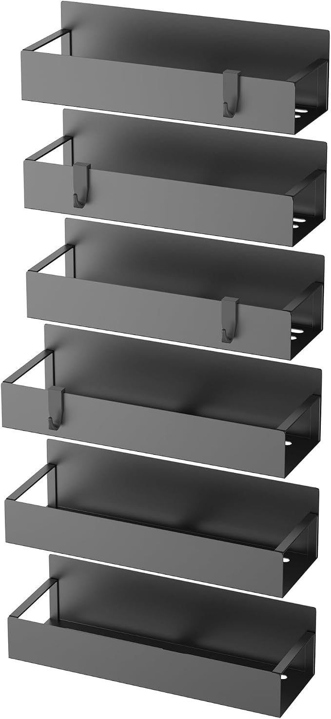 Metal Magnetic Spice Rack for Refrigerator Matt Black, 6 Pack | Magnetic Shelves Heavy Duty for Fridge in Kitchen, Seasoning Storage Organizer, For Oven Washer and Dryer, For Heavier Items