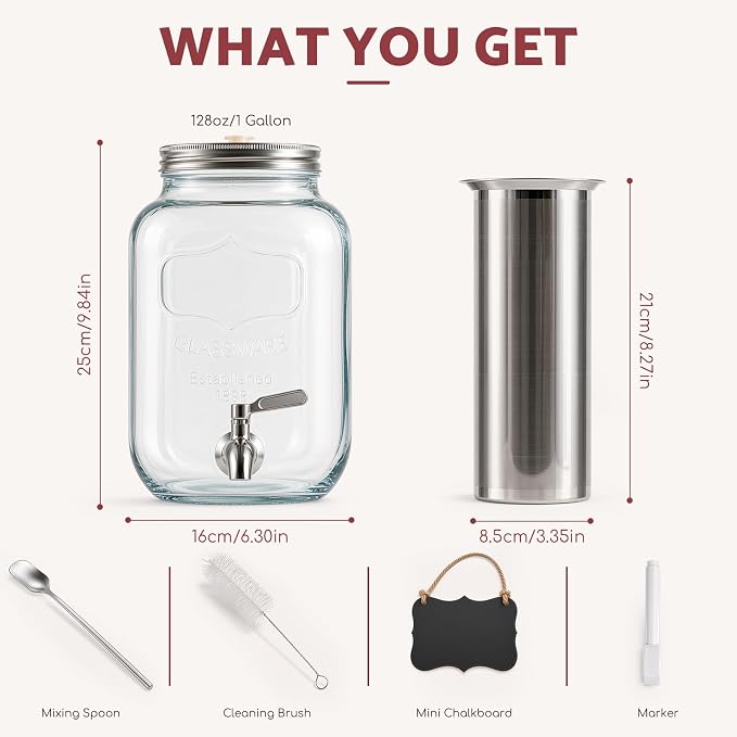 JunVpic Cold Brew Coffee Maker, 128 oz/1 Gallon Glass Pitcher | Wide mouth, heavy-duty, leakproof lid, stainless steel filter and spigot for iced coffee, lemonade, tea and fruit drinks