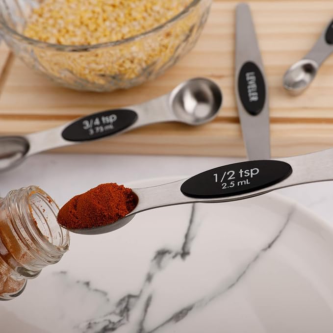 Magnetic Measuring Spoons Set of 6 Stainless Steel Dual Sided Teaspoon | for Measuring Dry and Liquid Ingredients