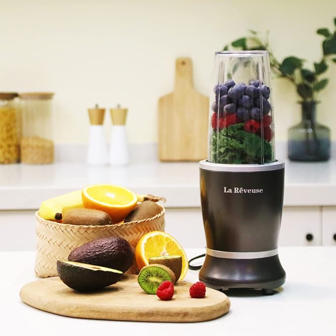 La Reveuse Personal Smoothie Blender, 7 Pieces Set, 250W, Black | for Shakes Smoothies Dips Sauces, BPA-free, Push to Blend, (1) 15oz Cup, (1) 10oz Mug, Dishwasher Safe, Compact, LARB2501B