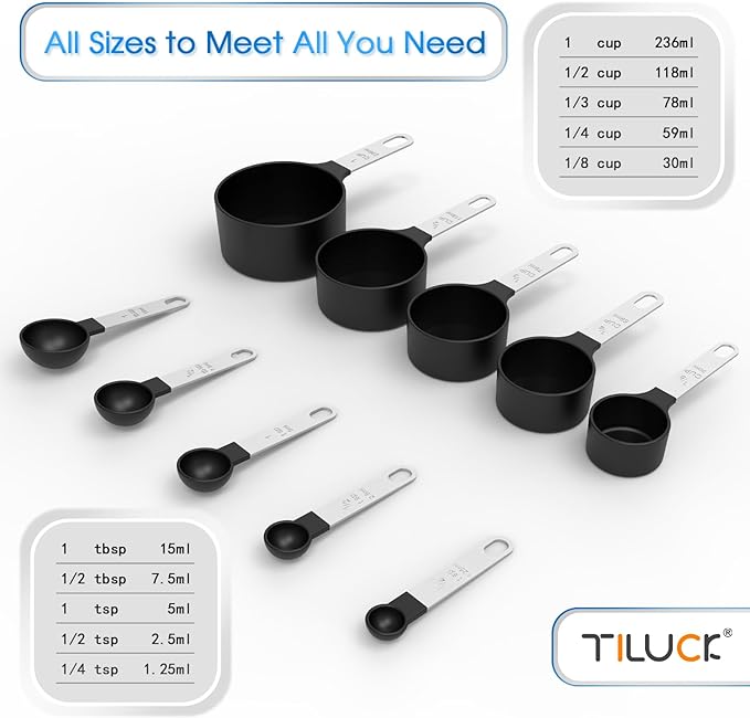 Measuring Cups & Spoons Set, Stackable Cups and Spoons | Nesting Measure Cups with Stainless Steel Handle, Kitchen Gadgets for Cooking & Baking (Black)