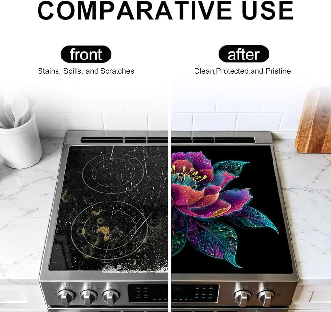 Boho Floral Stove Top Cover 28x20 Inch Glass Stove Cover | Heat Resistant Cooktop Protector Mat with Non-Slip Backing, Scratch Protection and Countertop Drying Mat.