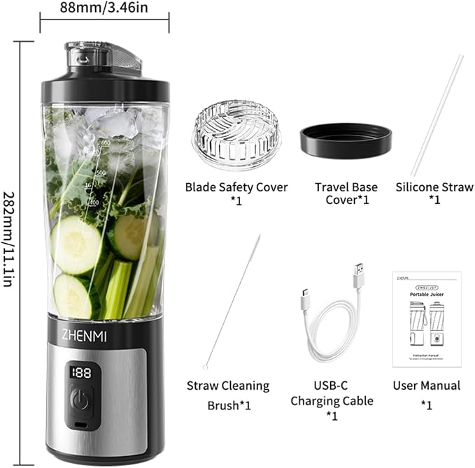 Portable Blender, Personal Blender for Smoothies & Shakes,Ice Crush, 3 Programs, USB-C Rechargeable, 20 oz removable Vessel, Dishwasher Safe, Leakproof, black