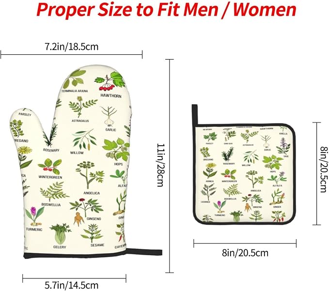 Cute Herbs Botanic Garden Plants Oven Mitts and Pot Holders Sets Heat Resistant for Kitchen BBQ Microwave Baking Grilling Cooks Set of 3 Kitchen Oven Glove