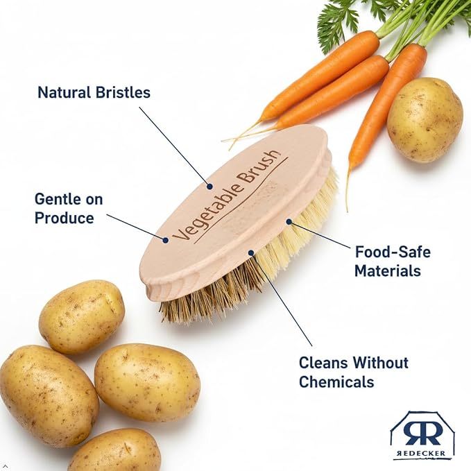 REDECKER Hard and Soft Side Vegetable Brush - Beechwood Handle - 2 Different Bristle Strengths for Cleaning Delicate or Tough-Skinned Vegetables, 5-1/4 inches - Vegetable Scrubber, Made in Germany