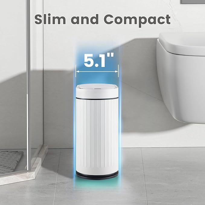 ELPHECO Slim Bathroom Trash Can with Lid, 2 Gallon White Black | Smart Garbage Can, Plastic Wastebasket, Narrow Garbage Bin, Waterproof Bathroom Decor for Bedroom