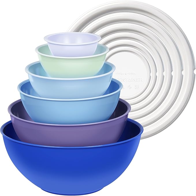 Greentainer Plastic Mixing Bowls with Lids Set for Kitchen, 6 Set Nesting Bowls for Mixing, Baking, Prepping, Cooking and Serving Food, Mixing Bowls Dishwasher, Microwave Safe