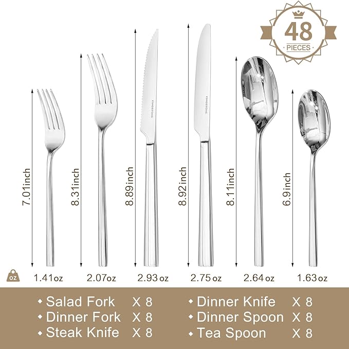 Silverware Set with Steak Knives, 48-Piece Forged Flatware Set Cutlery Set Premium Stainless Steel, Service for 8, for Kitchen, Home, Wedding, Party, Mirror Polished and Dishwasher Safe