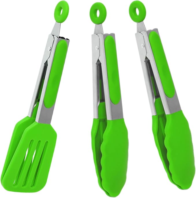 7 Inch Small Serving Tongs with Silicone Tips 3 Pack(Green) | Stainless Steel Handle, Non-Scratch, Heat Resistant
