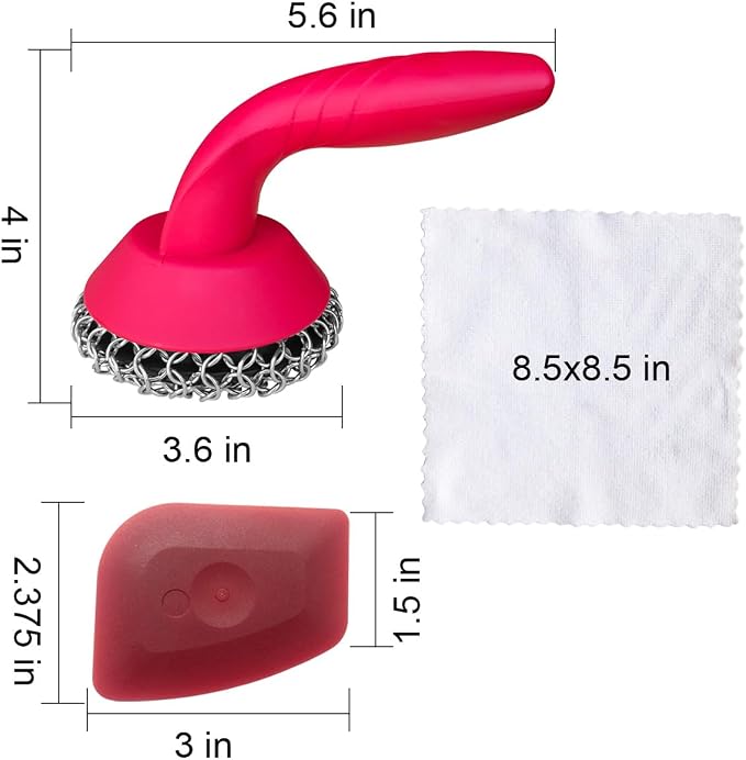 Cast Iron Scrubber with Pan Scraper & Towl, 316 Chainmail Scrubber with Long Handle, Upgraded Chain Mail Scrubber Cleaner for Grill Pan Skillet Wok Carbon Steel Dutch Oven Metal Brush (Red)